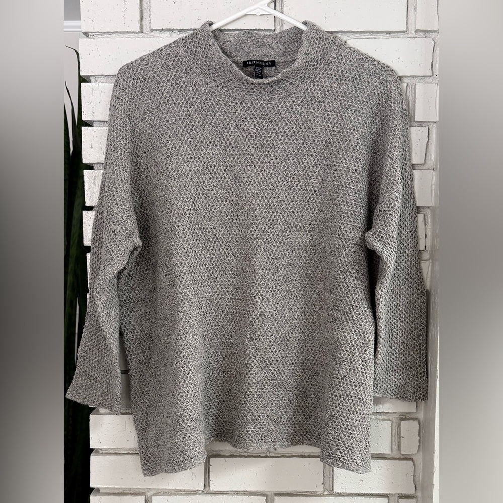 Eileen Fisher Textured Knit‎ Mock Neck Grey Sweater Neutral Quiet Luxury Minimal